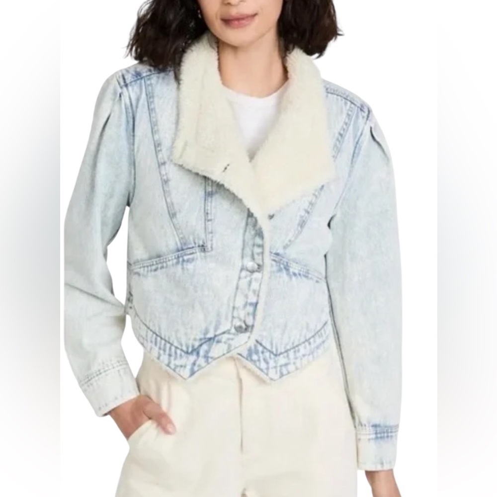 Veronica Beard Denim Light Blue Distressed Cream Faux Shearling Jacket Size XS